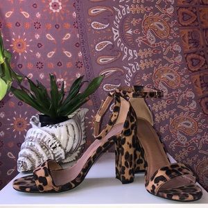 leopard 3 inch ankle strap heels
